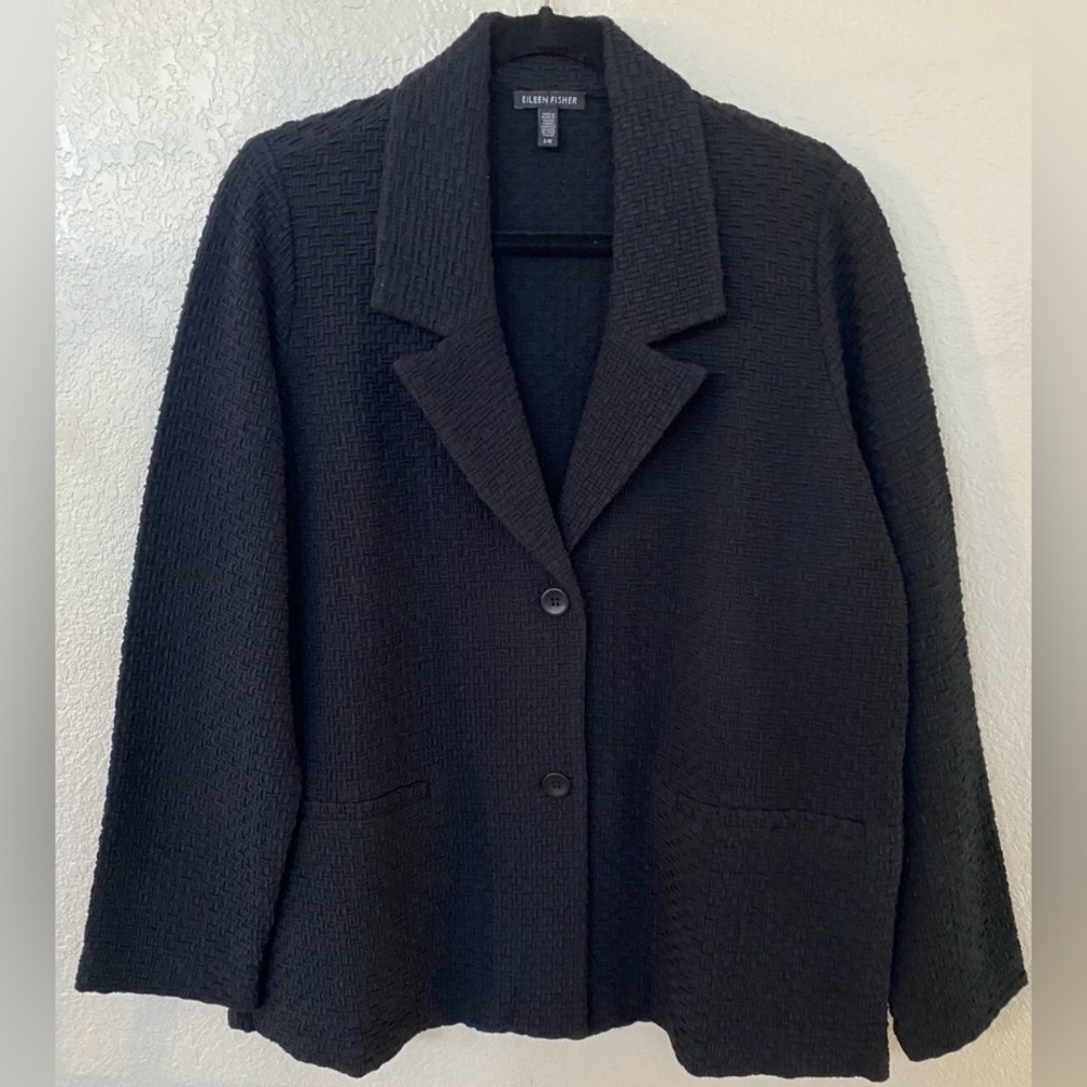Eileen Fisher Black Woven Blazer Boxy Jacquard Jacket Black Size L Retail $338